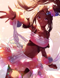 Rule 34 | 1girl, :d, artist name, bare shoulders, black shorts, brown hair, crop top, dark-skinned female, dark skin, fire emblem, fire emblem engage, hair ornament, looking at viewer, midriff, nanami yukari, navel, nintendo, open mouth, outstretched hand, ponytail, red eyes, ribbon, shorts, shorts under skirt, skirt, smile, solo, star-shaped pupils, star (symbol), symbol-shaped pupils, teeth, timerra (fire emblem), upper teeth only