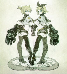 Rule 34 | 1boy, 1girl, bad id, bad pixiv id, black thighhighs, blonde hair, blue eyes, brother and sister, capelet, gloves, hair ornament, hair ribbon, hairclip, hetero, high heels, holding hands, kagamine len, kagamine rin, looking back, midriff, navel, niji, power fist, ribbon, shoes, short hair, short shorts, short sleeves, shorts, siblings, sketch, thighhighs, trap, twins, vocaloid, zettai ryouiki