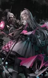Rule 34 | 1girl, absurdres, arknights, arm up, black cape, black gloves, black pantyhose, black shirt, black sky, cape, closed mouth, commentary, earrings, feet out of frame, from behind, gloves, grey eyes, grey hair, grey skirt, head wings, highres, holding, holding lantern, irene (arknights), jewelry, lantern, long hair, long sleeves, looking at viewer, looking back, mido (mido chen), night, pantyhose, rain, rapier, red scarf, scar, scar across eye, scarf, shirt, skirt, sky, solo, sword, torn cape, torn clothes, torn scarf, weapon, wings