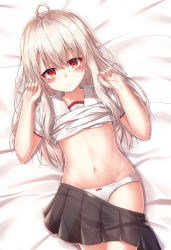 Rule 34 | 1girl, ahoge, akira (been0328), bad id, bad pixiv id, bed sheet, black skirt, blush, bow, bow panties, closed mouth, clothes lift, clothes pull, collarbone, commentary request, fate/kaleid liner prisma illya, fate (series), groin, hair between eyes, hands up, homurahara academy school uniform, illyasviel von einzbern, light brown hair, long hair, looking at viewer, lying, navel, on back, panties, pleated skirt, red eyes, school uniform, shirt, shirt lift, skirt, skirt pull, solo, underwear, very long hair, white panties, white shirt