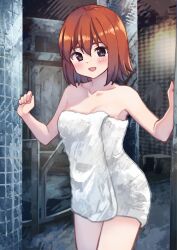 Rule 34 | 1girl, :d, akatsuki miho, akemiho tabi nikki, blue eyes, blush, bob cut, breasts, collarbone, commentary, curled fingers, hair between eyes, hand on wall, highres, kouno hikaru, medium breasts, naked towel, onsen, open mouth, red hair, short hair, smile, solo, standing, tile wall, tiles, towel, w arms, white towel