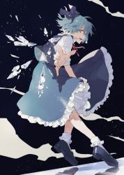 Rule 34 | 1girl, :d, blouse, blue bow, blue dress, blue eyes, blue footwear, blue hair, blue skirt, bobby socks, bow, cirno, commentary, dress, full body, hair bow, highres, ice, ice wings, isshin (kaxz), looking at viewer, mary janes, neck ribbon, open mouth, puffy short sleeves, puffy sleeves, reaching, reaching towards viewer, red ribbon, reflection, ribbon, shirt, shoes, short hair, short sleeves, sideways glance, skirt, skirt set, smile, socks, solo, touhou, white shirt, wings
