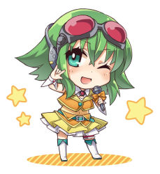 Rule 34 | 1girl, ;d, \m/, bad id, bad pixiv id, chibi, chroma000, chroma (chroma000), goggles, goggles on head, green eyes, green hair, gumi, holding, looking at viewer, matching hair/eyes, microphone, navel, one eye closed, open mouth, red-tinted eyewear, short hair, smile, solo, tinted eyewear, v, vocaloid