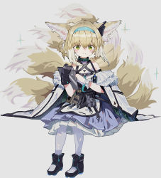 Rule 34 | 1girl, absurdres, animal ear fluff, animal ears, arknights, bare shoulders, black footwear, black gloves, blonde hair, blue skirt, blush, boots, braid, braided hair rings, closed mouth, commentary, fox ears, fox girl, fox tail, frilled skirt, frills, full body, gloves, green eyes, grey background, hair between eyes, hair rings, highres, holding, kitsune, looking at viewer, multicolored hair, pantyhose, pleated skirt, ryu (17569823), shirt, simple background, single glove, sitting, skirt, smile, solo, suzuran (arknights), symbol-only commentary, tail, twin braids, two-tone hair, white hair, white pantyhose, white shirt
