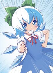 Rule 34 | 1girl, blue dress, blue eyes, blue hair, blush, bow, cirno, collared shirt, commentary request, cowboy shot, dated, dress, dutch angle, emphasis lines, fig sign, flat chest, green bow, grin, hair bow, hand on own hip, highres, ice, ice wings, kei jiei, looking at viewer, neck ribbon, pinafore dress, pointing, pointing at viewer, puffy short sleeves, puffy sleeves, red ribbon, ribbon, shirt, short hair, short sleeves, sleeveless dress, smile, solo, touhou, white shirt, wings