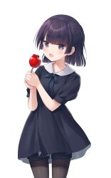 Rule 34 | 1girl, black bow, black bowtie, black dress, black eyes, black hair, black pants, black pantyhose, blunt bangs, blunt ends, blush, bow, bowtie, candy apple, collar, collarbone, commentary, cropped legs, dress, eating, fang, food, food on face, highres, holding, holding food, looking at viewer, na-ga, open mouth, original, pants, pants under skirt, pantyhose, puffy short sleeves, puffy sleeves, short dress, short hair, short sleeves, simple background, solo, white background, white collar