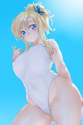 Rule 34 | 10s, 1girl, blonde hair, blue background, blue eyes, blush, boku wa tomodachi ga sukunai, breasts, butterfly hair ornament, cowboy shot, day, from below, hair ornament, highleg, highleg swimsuit, highres, kashiwazaki sena, large breasts, long hair, looking at viewer, one-piece swimsuit, onsoku inu, plump, ruffling hair, simple background, solo, swimsuit, thick thighs, thighs, white one-piece swimsuit