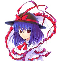 Rule 34 | 1girl, blue hair, capelet, ebizome, female focus, frills, hat, highres, looking at viewer, nagae iku, red eyes, ribbon, shawl, simple background, smile, solo, touhou, upper body, white background