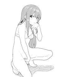 Rule 34 | 1girl, bare arms, barefoot, blush, bottomless, bow, bow bra, bra, breasts, breath, female masturbation, female pubic hair, fingering, full body, greyscale, hand up, highres, looking at viewer, makise kurisu, masturbation, monochrome, open mouth, parted lips, pubic hair, shadow, sleepy frippy, small breasts, solo, squatting, steam, steins;gate, sweat, underwear