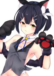 Rule 34 | 1girl, absurdres, animal ears, animal hands, bare shoulders, black hair, blush, breasts, cat ears, cat paws, cleavage, commentary request, dangeroes beast (miyu), fate/kaleid liner prisma illya, fate (series), hair ornament, hair ribbon, hairpin, highres, long hair, looking at viewer, miyu edelfelt, navel, ponytail, ribbon, simple background, siroimo0828, small breasts, solo, upper body, white background, yellow eyes