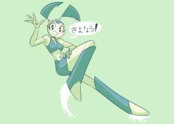 Rule 34 | 1girl, android, blue hair, breasts, cheesecakes by lynx, commentary, english commentary, full body, green background, highres, jenny wakeman, mechanical hair, medium breasts, mixed-language commentary, my life as a teenage robot, navel, open hand, robot, sitting, solo, twintails, waving