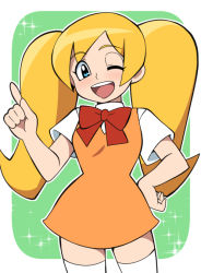 Rule 34 | 1girl, ;d, bad id, bad pixiv id, big hair, blue eyes, blush, bow, bowtie, breasts, commentary request, cowboy shot, dress, green background, hand on own hip, index finger raised, long hair, looking at viewer, one eye closed, open mouth, orange dress, original, red bow, red bowtie, shirt, sidelocks, small breasts, smile, solo, sparkle, standing, teeth, thighhighs, twintails, undershirt, white shirt, white thighhighs, yume yoroi, zettai ryouiki