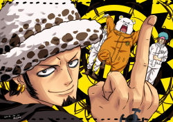 Rule 34 | 10s, 2016, 4boys, alsea, bepo, black hair, commentary request, earrings, facial hair, goatee, hat, heart pirates, jewelry, long sideburns, looking at viewer, male focus, middle finger, multiple boys, one piece, penguin (one piece), shachi (one piece), smile, standing, standing on one leg, trafalgar law