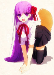 Rule 34 | 10s, all fours, aotsuki takao, bb (fate), bb (fate/extra), dog tail, fang, fate/extra, fate/extra ccc, fate (series), hair ribbon, long hair, purple eyes, purple hair, ribbon, solo, tail, thighhighs, very long hair, zettai ryouiki