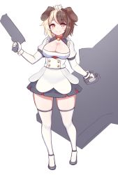 Rule 34 | 1girl, animal ears, ballistic shield, bell, blonde hair, blush, breasts, brown hair, cleavage, cleavage cutout, clothing cutout, collar, dog ears, dog girl, dog tail, dress, full body, gun, hachiko of castling, highres, large breasts, last origin, looking at viewer, maid, manme, multicolored hair, neck bell, red collar, riot shield, shield, smile, solo, split-color hair, standing, tail, tareme, thighhighs, two-tone hair, weapon, white background, white thighhighs