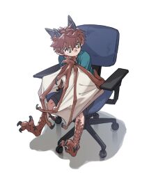 Rule 34 | 1boy, animal ears, brown hair, chair, child, claws, commentary, dragon boy, full body, male focus, mullmull02, on chair, original, scales, simple background, sitting, solo, symbol-only commentary, white background