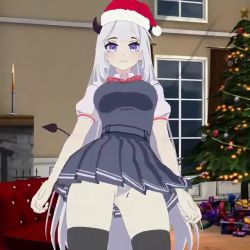 Rule 34 | 1girl, 3d, animated, audible music, bow, breasts, christmas tree, couch, dancing, demon tail, eyelashes, gift, grey eyes, hat, horns, long hair, looking at viewer, medium breasts, music, panties, pantyshot, red bow, santa hat, school uniform, silver hair, skirt, solo, sound, tail, thighhighs, underwear, vei (vtuber), very long hair, video, virtual youtuber, vshojo