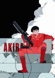 Rule 34 | 1boy, akira (manga), black eyes, black hair, boots, cable, closed mouth, crack, frown, gloves, gun, holding, holding gun, holding weapon, jacket, kaneda shoutarou (akira), male focus, red footwear, red gloves, red jacket, sitting, sleeves rolled up, smoke, solo, stairs, ttk211, twitter username, weapon