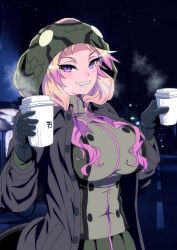 Rule 34 | 1girl, african rock python (kemono friends), animal print, black gloves, black panties, blonde hair, boots, breasts, brown legwear, coffee cup, collared jacket, cup, disposable cup, drawstring, fang, fang out, fangs, forked tongue, furrowed brow, gloves, green jacket, green skirt, grin, high collar, highres, hood, hood up, hooded jacket, huge breasts, jacket, kemono friends, light blush, long hair, lying, mamiyama, multicolored hair, on side, open mouth, panties, pleated skirt, print jacket, purple eyes, purple hair, road, skirt, smile, snake print, snake tail, solo, steam, tail, tongue, underwear