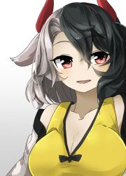 Rule 34 | 1girl, animal ears, animal print, bare shoulders, black hair, breasts, cleavage, commentary request, cow ears, cow horns, cow print, crop top, grey hair, haori, highres, horns, japanese clothes, large breasts, long sleeves, looking at viewer, medium hair, multicolored hair, red eyes, red horns, split-color hair, tank top, touhou, two-tone hair, tyouseki, upper body, ushizaki urumi, yellow tank top