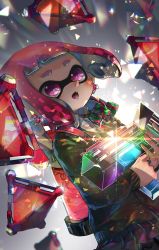 Rule 34 | 1girl, backlighting, bad id, bad pixiv id, black skirt, blunt bangs, blush, bow, bowtie, dutch angle, earrings, elbow gloves, eye reflection, gloves, green jacket, gun, highres, holding, holding gun, holding weapon, ink tank (splatoon), inkling, inkling girl, inkling player character, jacket, jewelry, kashu (hizake), long sleeves, mask, multicolored neckwear, nintendo, open mouth, pink eyes, pink hair, pleated skirt, pointy ears, reflection, short hair, skirt, solo, splat bomb (splatoon), tentacle hair, triangle, upper body, weapon