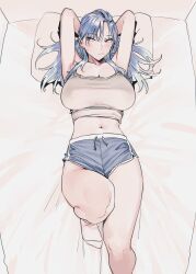 Rule 34 | 1girl, arms behind head, arms up, bed, blue hair, blue shorts, blush, breasts, cleavage, closed mouth, goshiki suzu, grey tank top, highres, large breasts, long hair, lying, mole, mole under eye, navel, on back, on bed, original, pillow, short shorts, shorts, socks, solo, sweat, tank top, tokiwa nao