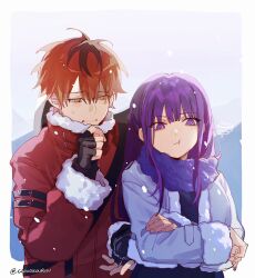 Rule 34 | 1boy, 1girl, :t, angry, black hair, blunt bangs, closed mouth, cloudkourin, coat, crossed arms, fern (sousou no frieren), fur-trimmed jacket, fur-trimmed sleeves, fur trim, highres, jacket, long hair, long sleeves, official alternate costume, pout, purple eyes, purple hair, purple pupils, scarf, short hair, sidelocks, sousou no frieren, stark (sousou no frieren), straight hair, winter clothes
