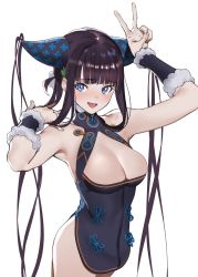 Rule 34 | 1girl, absurdres, bare shoulders, black dress, blue eyes, blunt bangs, blush, breasts, china dress, chinese clothes, cleavage, cleavage cutout, clothing cutout, detached sleeves, dress, fate/grand order, fate (series), hair ornament, highres, jikatarou, large breasts, leaf hair ornament, long hair, looking at viewer, open mouth, purple hair, short dress, side slit, sidelocks, simple background, smile, twintails, very long hair, white background, yang guifei (fate), yang guifei (second ascension) (fate)