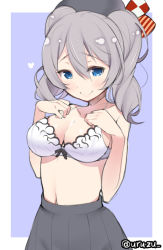 Rule 34 | 10s, 1girl, bare arms, bare shoulders, beret, black skirt, blue eyes, bra, breasts, hat, heart, kantai collection, kashima (kancolle), kurogoma (haruhi3), large breasts, long hair, silver hair, skirt, smile, solo, twitter username, two side up, underwear, white bra