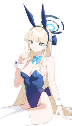 Rule 34 | 1girl, animal ears, aqua bow, aqua bowtie, blue archive, blue leotard, bow, bowtie, breasts, cleavage, detached collar, fake animal ears, headset, highres, leotard, looking at viewer, medium breasts, official alternate costume, playboy bunny, rabbit ears, simple background, sitting, skh, solo, thighhighs, thighs, toki (blue archive), toki (bunny) (blue archive), v, white background, white thighhighs