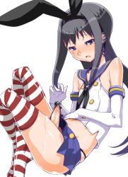 Rule 34 | 10s, 1girl, akemi homura, black hair, bulge, commentary request, cosplay, cum, earrings, elbow gloves, erection, erection under clothes, futanari, gloves, hair ribbon, jewelry, kantai collection, long hair, mahou shoujo madoka magica, mahou shoujo madoka magica: hangyaku no monogatari, midriff, miniskirt, navel, open mouth, panties, penis, penis in panties, purple eyes, ribbon, shimakaze (kancolle), shimakaze (kancolle) (cosplay), shinama, simple background, single earring, skindentation, skirt, solo, striped clothes, striped thighhighs, tears, thighhighs, underwear, white background