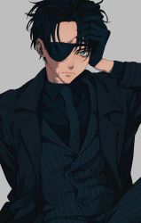 Rule 34 | 1boy, absurdres, bad id, bad twitter id, black gloves, black hair, black necktie, black shirt, blouse, blue eyes, burn scar, buttons, collared shirt, double-breasted, eyepatch, formal, frown, gloves, highres, lapels, looking at viewer, messy hair, necktie, notched lapels, original, pinstripe pattern, pinstripe suit, scar, scar on face, shirt, short hair, solo, striped, striped suit, suit, upper body, urkt 10, very short hair