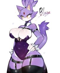 Rule 34 | 1girl, animal ears, belt, blaze the cat, blush, breasts, cat ears, cat girl, cat tail, cleavage, ear piercing, forehead jewel, furry, furry female, garter straps, gloves, hand on own hip, highres, huge breasts, leotard, looking to the side, piercing, playboy bunny, purple fur, purple hair, short hair, sonic (series), tail, thick thighs, thigh belt, thigh strap, thighhighs, thighs, togetoge, white fur, wide hips, yellow eyes