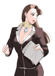Rule 34 | 1girl, :o, absurdres, ace attorney, black jacket, breasts, brown eyes, brown hair, cleavage, commentary request, earrings, highres, holding, holding paper, jacket, jewelry, long hair, long sleeves, looking at another, magatama, magatama necklace, mia fey, necklace, open mouth, paper, papers, red00555, scarf, solo, sweatdrop, white background, yellow scarf, zipper pull tab