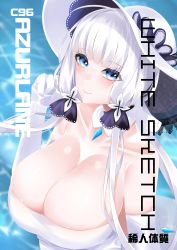 Rule 34 | 1girl, absurdres, azur lane, black ribbon, blue eyes, blue gemstone, breasts, cleavage, comiket 96, detached collar, dress, elbow gloves, from above, gem, gloves, hair ribbon, highres, illustrious (azur lane), keishi surota, lace-trimmed headwear, lace trim, large breasts, long hair, looking at viewer, ribbon, sleeveless, sleeveless dress, solo, strapless, strapless dress, tress ribbon, two-tone headwear, water, white gloves, white hair