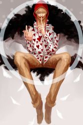 Rule 34 | 1boy, blonde hair, donquixote rocinante, facial mark, feathers, finger to mouth, fur cape, glasgow smile, heart print, highres, k.amamoto, male focus, one piece, short hair, solo