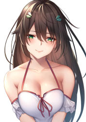 Rule 34 | 1girl, bare shoulders, blush, breasts, brown hair, cleavage, closed mouth, collarbone, dress, green eyes, hair between eyes, hair ornament, highres, long hair, looking at viewer, medium breasts, original, red ribbon, ribbon, simple background, sleeveless, sleeveless dress, smile, solo, upper body, v arms, white background, white dress, ym (distance819)