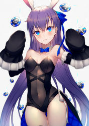 Rule 34 | 1girl, animal ears, bare shoulders, black leotard, blue bow, blue eyes, blue neckwear, blue ribbon, blush, bow, breasts, closed mouth, coattails, covered navel, detached collar, detached sleeves, fake animal ears, fate/grand order, fate (series), hair between eyes, kyoeiki, leotard, long hair, long sleeves, looking at viewer, meltryllis (fate), playboy bunny, poker chip, purple hair, rabbit ears, ribbon, simple background, sleeves past fingers, sleeves past wrists, small breasts, solo, thighs, very long hair, white background