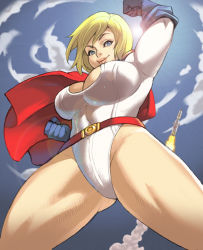 Rule 34 | 1girl, alien, bad id, bad pixiv id, belt, blonde hair, blue eyes, breasts, cape, cleavage, cleavage cutout, clothing cutout, cloud, day, dc comics, flying, gloves, highleg, highleg leotard, kryptonian, large breasts, leotard, lips, maou alba, power girl, rocket, sky, solo, superman (series), thick thighs, thighs