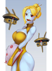 Rule 34 | 1girl, 2others, absurdres, blonde hair, blue skin, borrowed character, breasts, china dress, chinese clothes, cleavage, cleavage cutout, clothing cutout, colored skin, commentary, dress, drone, elbow gloves, english commentary, fewer digits, folding fan, gloves, hand fan, headset, highres, large breasts, mole, mole under eye, multiple others, no nose, open mouth, pelvic curtain, red eyes, robot jones (artist), short hair, sleeveless, sleeveless dress, solo focus, standing, t&#039;au, tau drone, teeth, thick thighs, thighs, updo, upper teeth only, warhammer 40k, yellow dress, yellow gloves