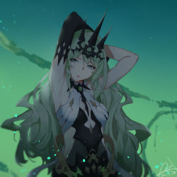 Rule 34 | 1girl, armpits, arms up, asymmetrical gloves, black gloves, breasts, cleavage, clothing cutout, crown, dated, elbow gloves, fishnet fabric, gloves, green hair, green theme, grey eyes, hair between eyes, honkai (series), honkai impact 3rd, jin yun, long hair, looking at viewer, medium breasts, mobius (honkai impact), signature, single glove, sky, sleeveless, solo, thighhighs, upper body
