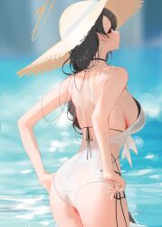 1girl absurdres ass back bare_arms bikini black_bikini black_hair blue_archive blush breasts brown_hat commentary double_bikini from_behind halo hat highres hinata_(blue_archive) hinata_(swimsuit)_(blue_archive) large_breasts layered_swimsuit long_hair looking_at_viewer looking_back low-braided_long_hair low-tied_long_hair ocean official_alternate_costume official_alternate_hairstyle oh_(aung_ae) one-piece_swimsuit outdoors red_eyes solo straw_hat sun_hat swimsuit thighs very_long_hair white_one-piece_swimsuit yellow_halo