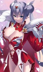 Rule 34 | 1girl, absurdres, blue eyes, blush, breasts, britomart (fate), britomart (third ascension) (fate), center opening, cleavage, double bun, fate/grand order, fate (series), gauntlets, grey hair, hair bun, hair ornament, hairband, highleg, highleg leotard, highres, kurozawa yui, large breasts, leotard, long hair, long sleeves, looking at viewer, multicolored eyes, navel, pointy ears, puffy long sleeves, puffy sleeves, red leotard, smile, solo, thighs, twintails, very long hair, yellow eyes