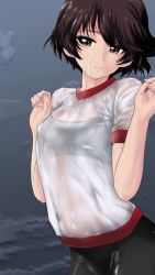 Rule 34 | 1girl, bike shorts, black shorts, black sports bra, breasts, brown eyes, brown hair, closed mouth, commentary, girls und panzer, gym shirt, gym uniform, half-closed eyes, highres, isobe noriko, looking at viewer, see-through, shirt, short hair, short sleeves, shorts, small breasts, smile, solo, sports bra, standing, t-shirt, w arms, water, wet, wet clothes, wet shirt, white shirt, yoyokkun