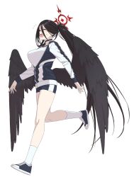 Rule 34 | bird wings, black hair, black wings, blue archive, blue footwear, breasts, choker, closed eyes, exasperation, full body, gym shorts, gym uniform, hair between eyes, halo, hasumi (blue archive), highres, jacket, large breasts, long bangs, long hair, open mouth, ponytail, running, shirt, shorts, socks, sweat, ult one, very long hair, white background, white shirt, white socks, wings
