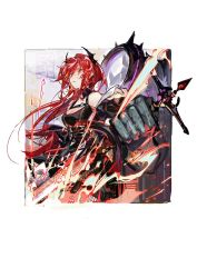 Rule 34 | 1girl, arknights, black dress, black jacket, border, breasts, chinese commentary, cleavage, commentary, cowboy shot, demon horns, detached collar, disembodied hand, dress, fire, flaming sword, flaming weapon, hair between eyes, holding, holding sword, holding weapon, horns, jacket, long hair, looking at viewer, medium breasts, off-shoulder dress, off shoulder, open clothes, open jacket, outside border, pipidan, purple eyes, red hair, solo, spikes, strap, surtr (arknights), sword, symbol-only commentary, unzipped, watermark, weapon