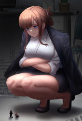 Rule 34 | 1boy, 2girls, absurdres, blue eyes, brown hair, giant, giantess, highres, kuroihassan, looking at another, looking down, mini person, miniboy, minigirl, multiple girls, office lady, solo focus, squatting, thighs