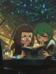 Rule 34 | 3girls, absurdres, black hair, blush, book, brown hair, cross-shaped pupils, fur trim, glasses, green hair, highres, holding, holding book, long hair, looking back, multicolored hair, multiple girls, open mouth, original, plant, ponytail, porforever, potted plant, red eyes, shelf, sweatdrop, symbol-shaped pupils, tree, yellow eyes