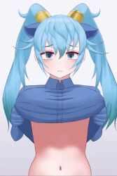 Rule 34 | 1girl, 2024, :&lt;, animal, animal ears, animated, blue eyes, blue gloves, blue hair, blue shirt, blush, breasts, breasts out, chinese zodiac, clothes lift, collared shirt, dragon girl, ears, ekakinoko, elbow gloves, embarrassed, female focus, flashing, furrowed brow, gloves, gold hairband, hair between eyes, hairband, japanese text, kanji tattoo, kemono friends, large breasts, lifted by self, long hair, lowres, midriff, multicolored hair, navel, new year, nipples, nude, presenting, seiryuu (kemono friends), shirt, shirt lift, sidelocks, solo, stomach, translation request, twintails, two-tone hair, unamused, undressing, upper body, year of the dragon