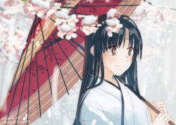 Rule 34 | 1girl, ahoge, black hair, blurry, brown eyes, cherry blossoms, dated, depth of field, from side, holding, holding umbrella, japanese clothes, kantai collection, long hair, oil-paper umbrella, shouhou (kancolle), solo, takuzui, umbrella, upper body